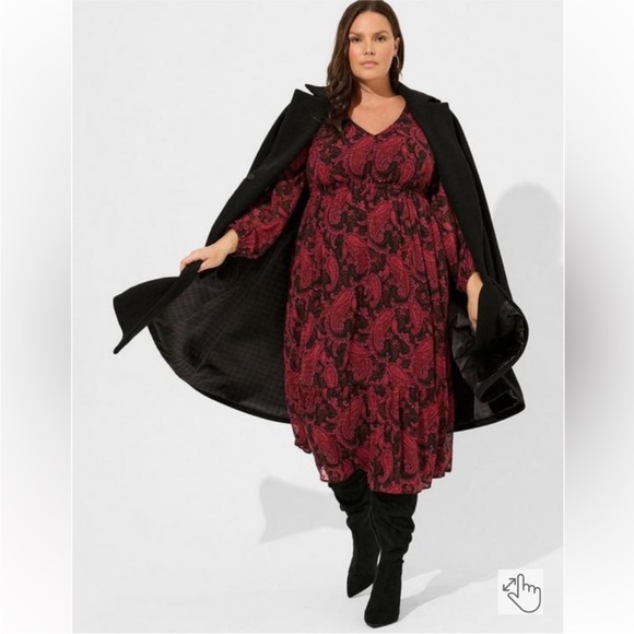 NWT Torrid Red and Black Paisley and Swiss Dot Midi Dress Ties In Back Size 1X - Picture 3 of 4